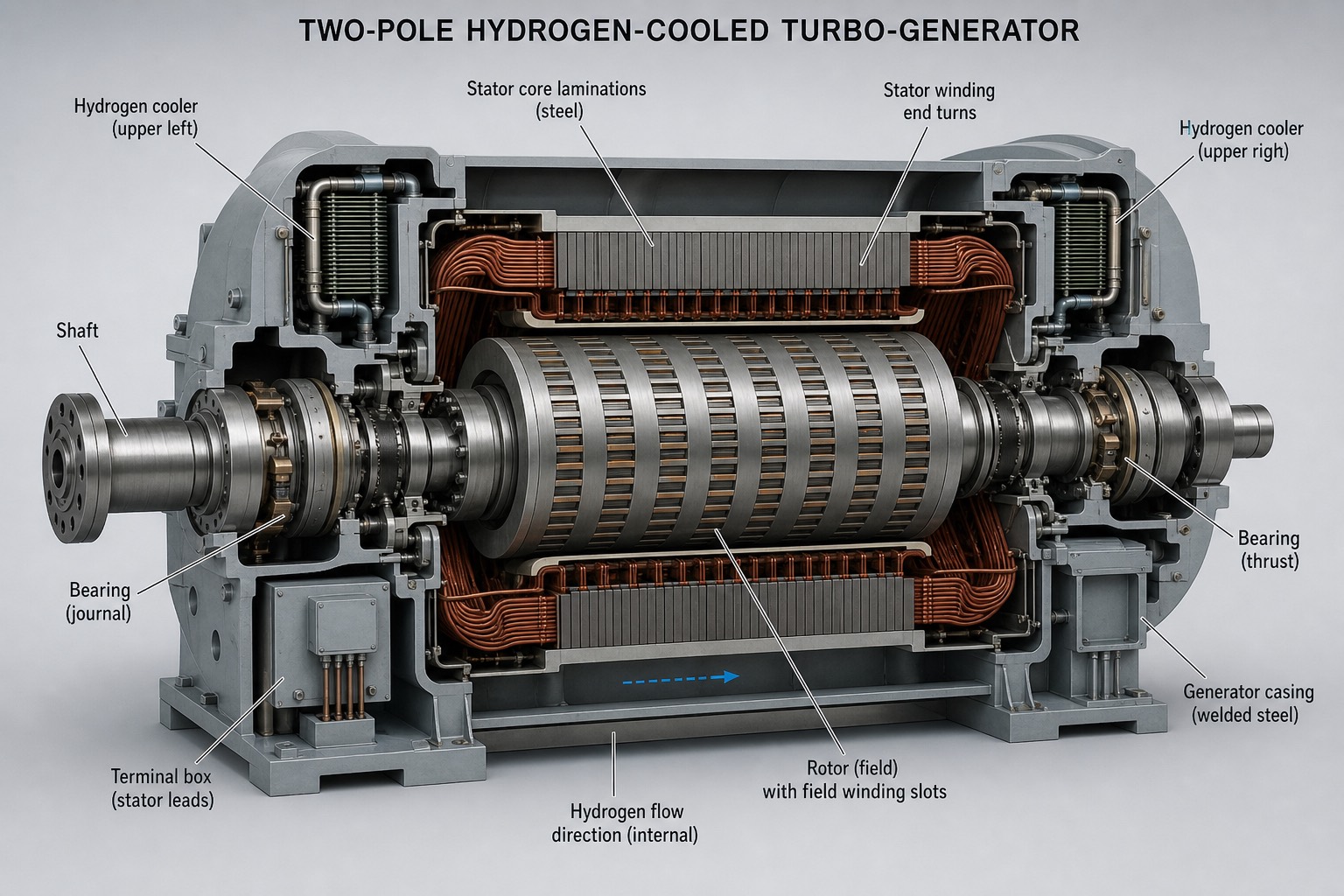 ภาพตัด turbo-generator เห็น stator core, ปลายขดลวด และ rotor