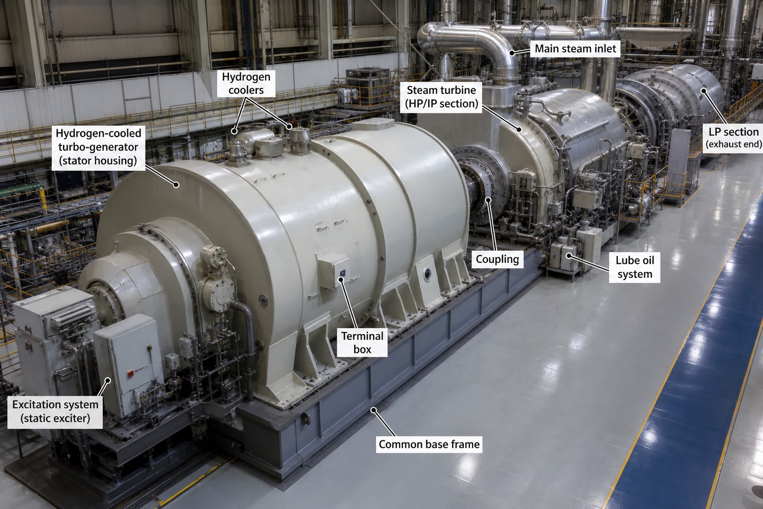 เครื่องกำเนิดไฟฟ้าขนาดใหญ่ต่อเพลากับ steam turbine ใน turbine hall