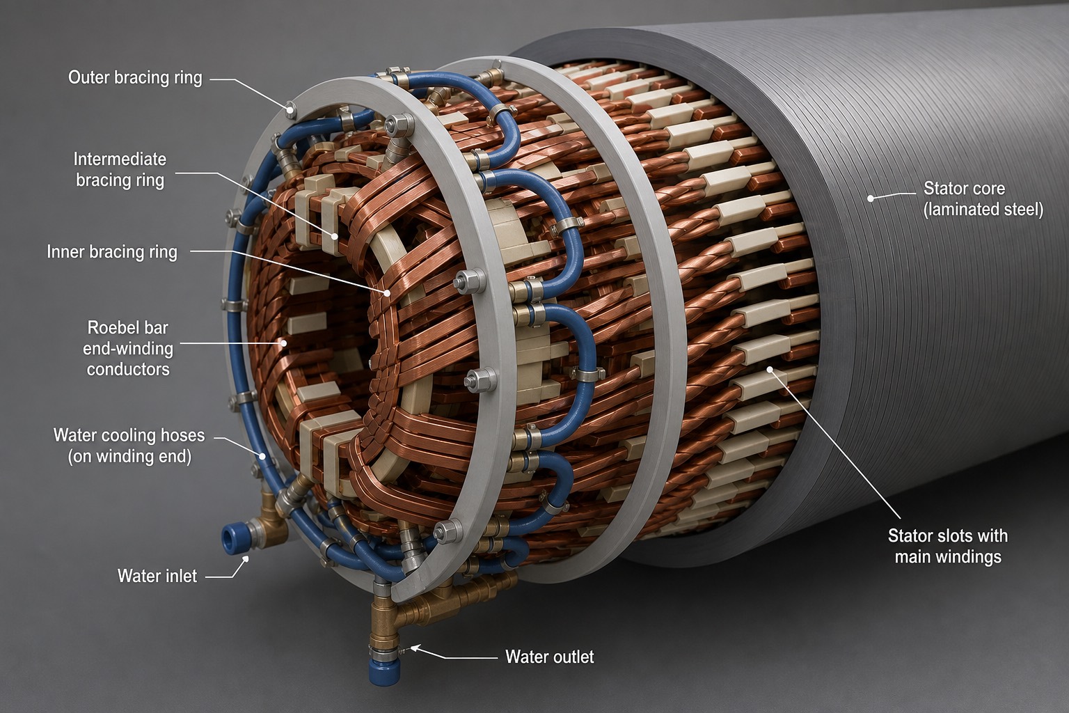 ปลายขดลวด stator แบบ Roebel bar พร้อมท่อน้ำระบายความร้อน