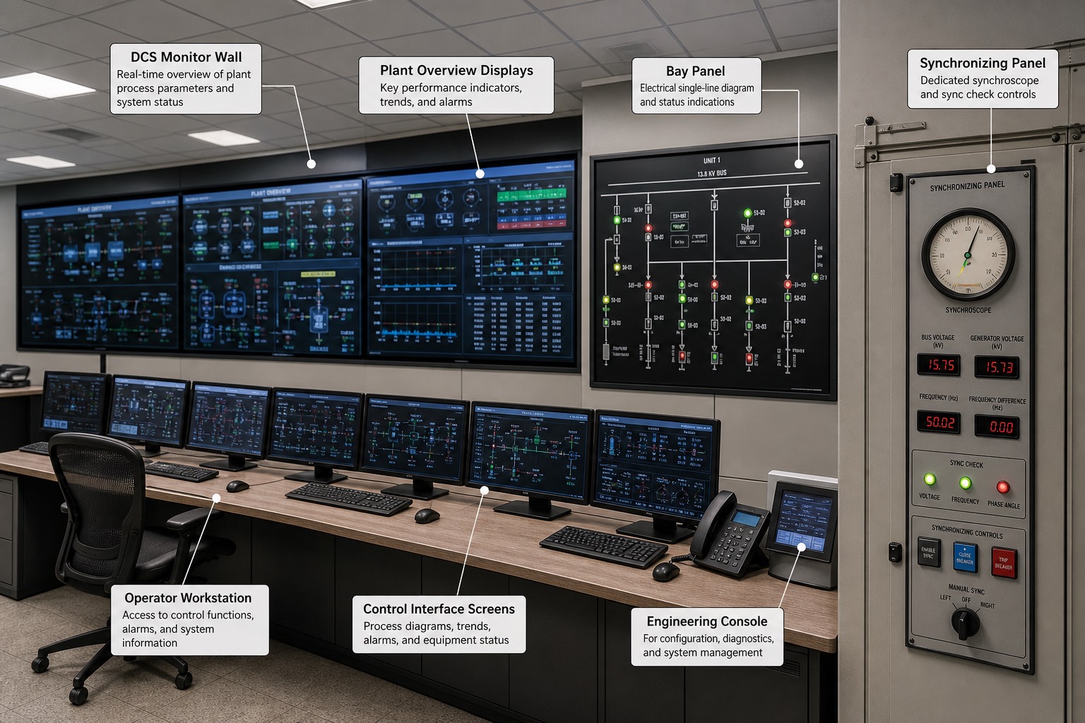 ห้องควบคุมกลางของโรงไฟฟ้ากับ synchronizing panel