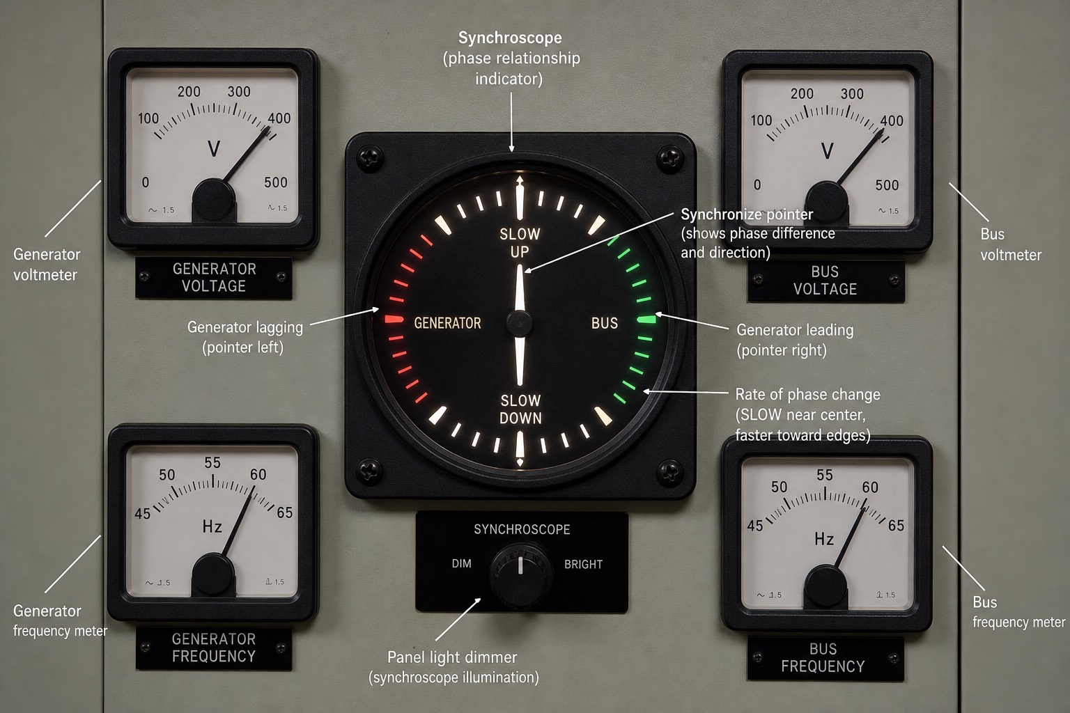 หน้าปัด synchroscope พร้อม voltmeter และ frequency meter คู่