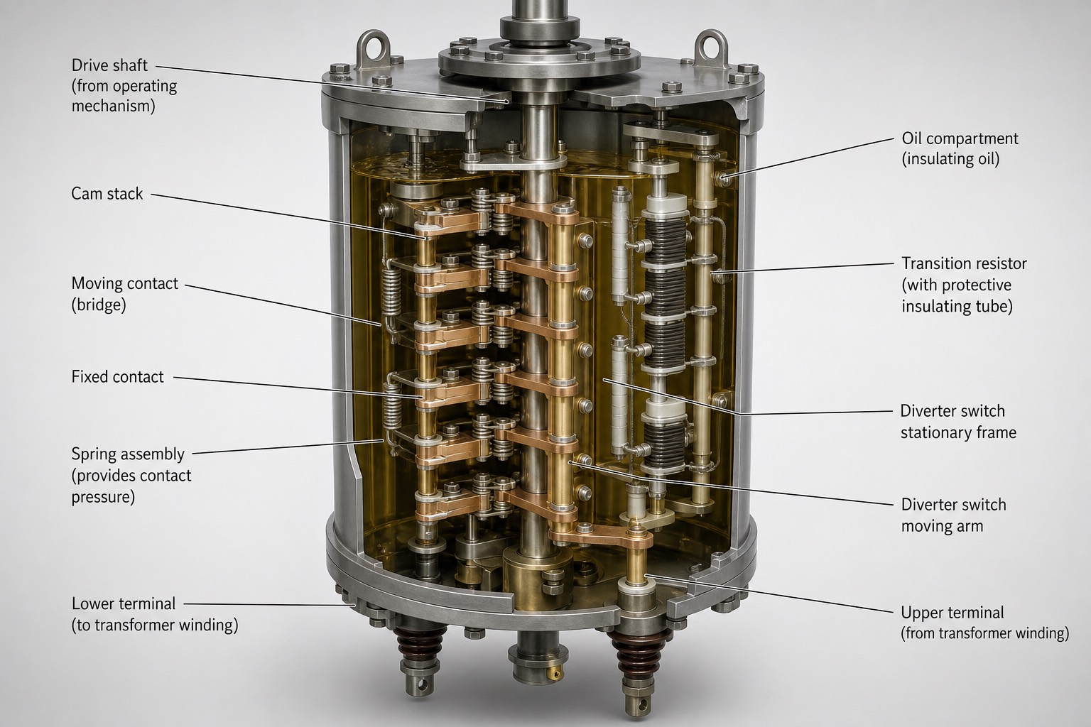 กลไก diverter switch ของ OLTC ในถังน้ำมันแยกจากถังหลัก