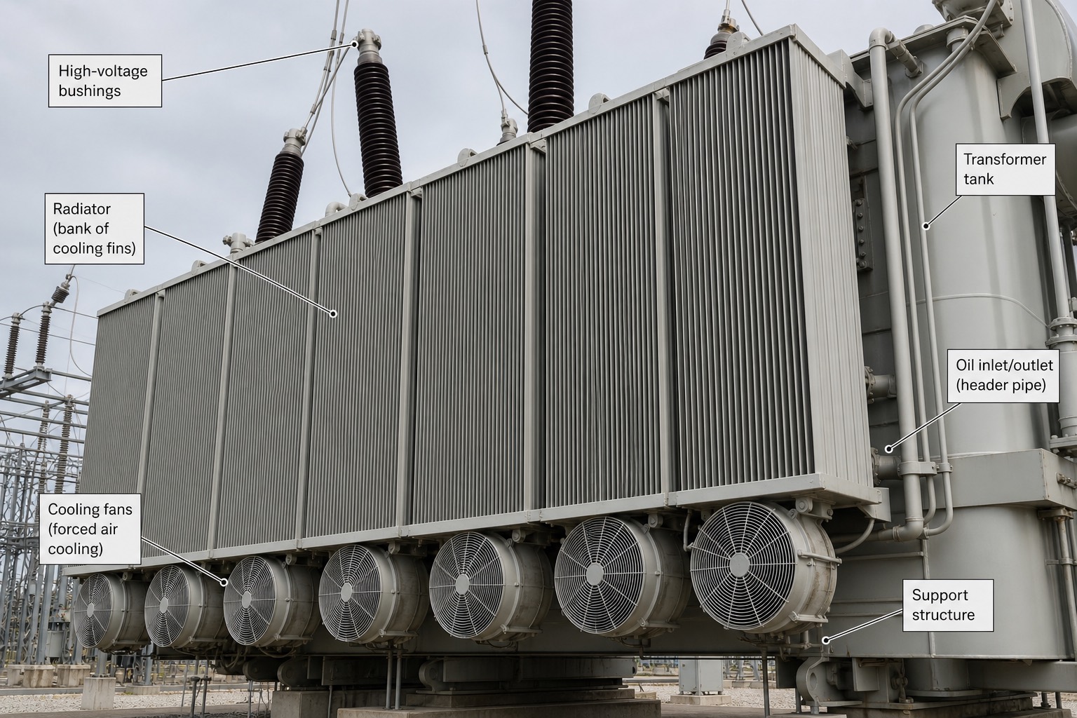 แผง radiator และพัดลมระบายความร้อนของหม้อแปลงกำลังที่สถานีไฟฟ้า