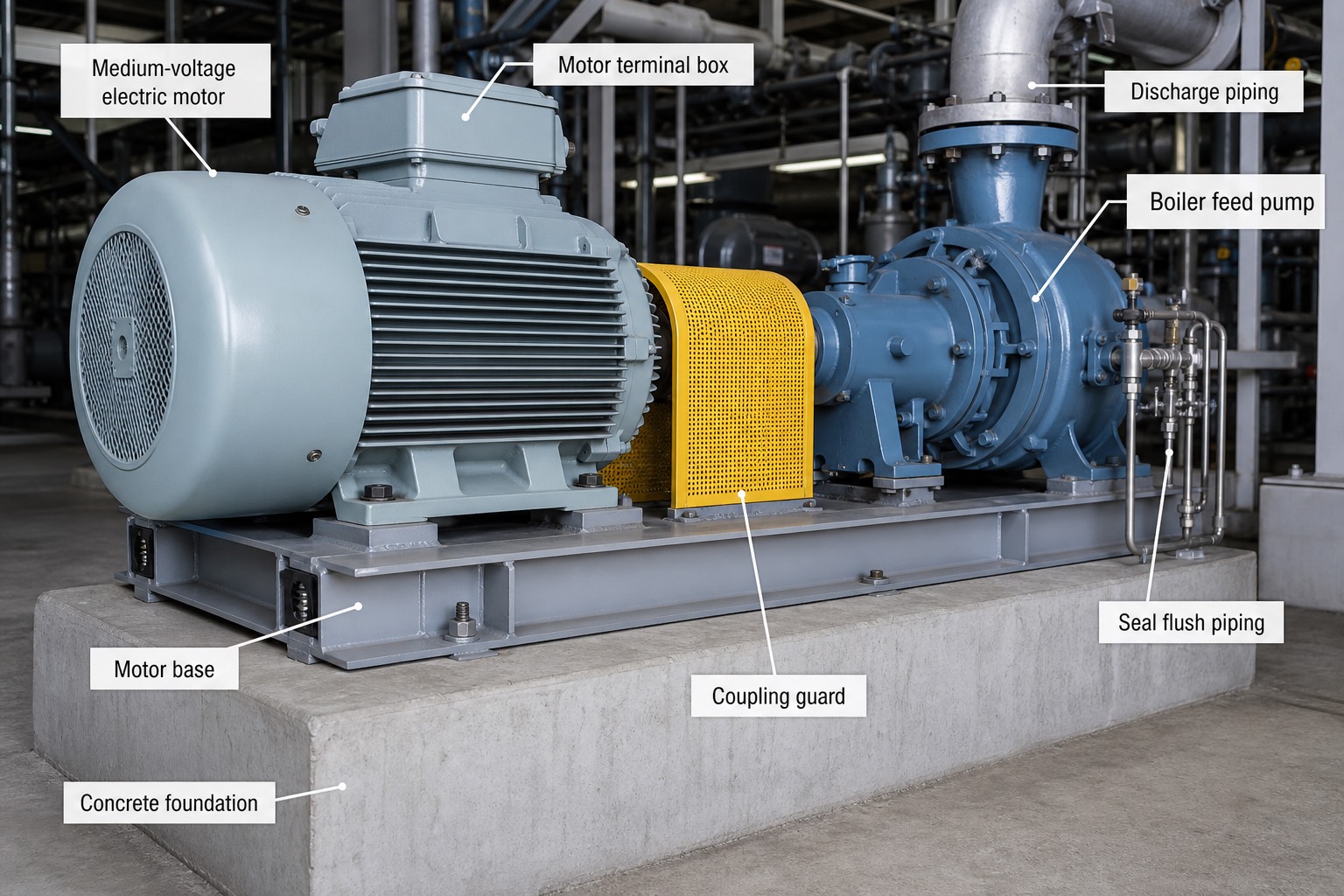 มอเตอร์ MV ขนาดใหญ่ต่อคัปปลิ้งกับ boiler feed pump บนฐานคอนกรีตในอาคารกังหัน