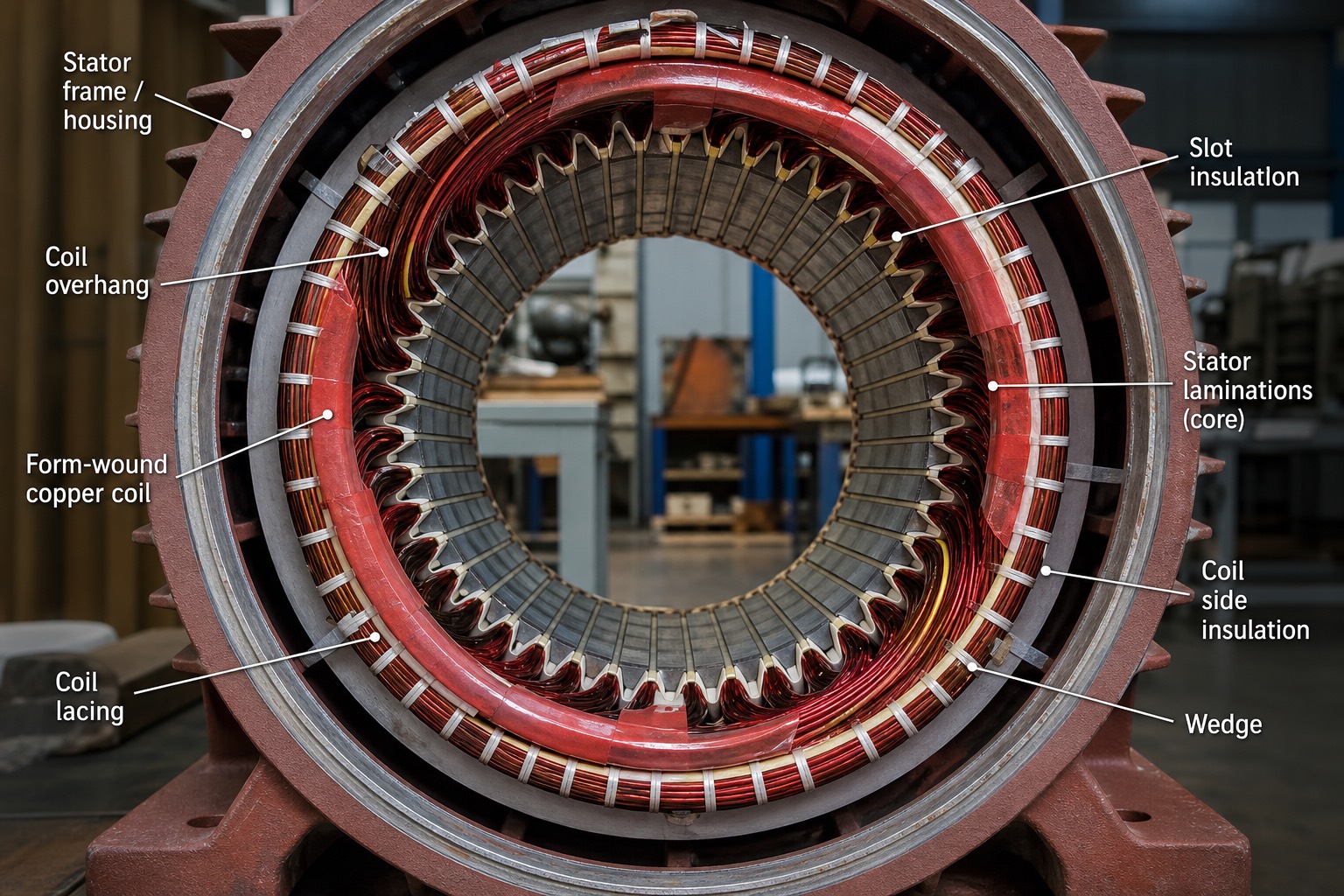 Stator มอเตอร์ MV ระหว่างการพันขดลวดใหม่ แสดงขดลวดทองแดงแบบ form-wound ในร่อง