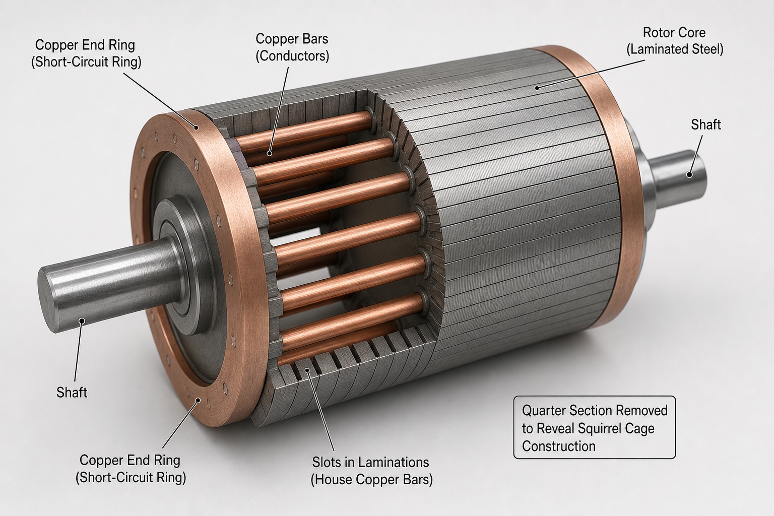 ภาพตัดแสดงโครงสร้างภายในของ squirrel cage rotor พร้อมแท่งตัวนำทองแดงและ end ring