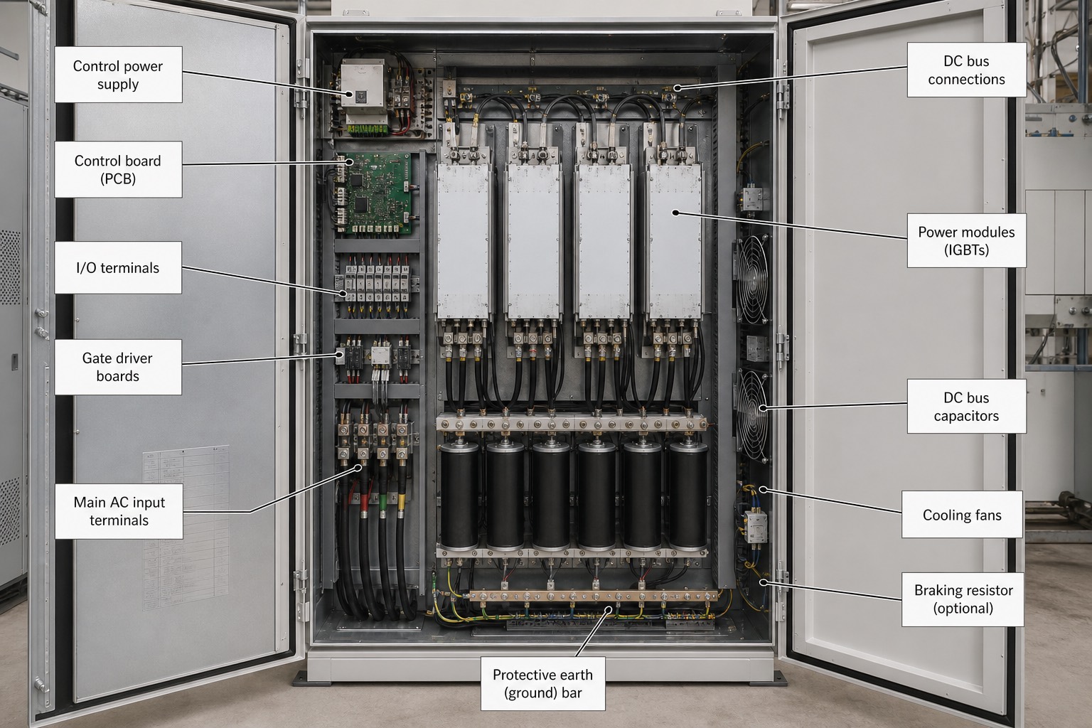 ตู้ VFD เปิดฝาแสดง rectifier, DC link capacitor และ inverter module ภายใน