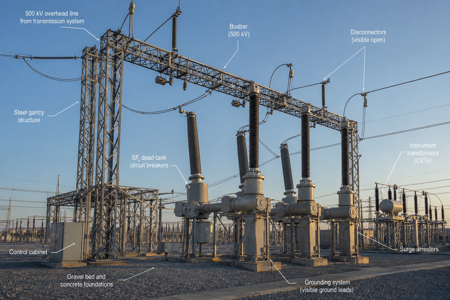 ลาน switchyard แบบ AIS แสดง SF6 dead-tank circuit breaker, disconnector และโครงเหล็ก gantry ในสถานีไฟฟ้าแรงสูง 500 kV
