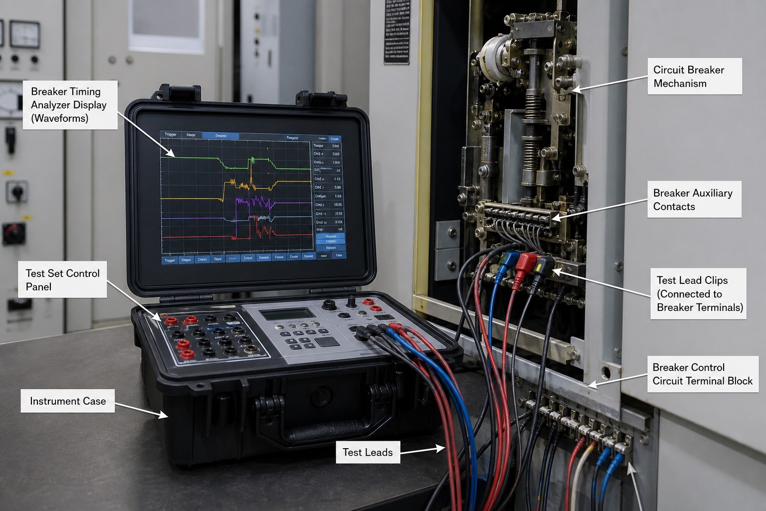การทดสอบ timing test ของ breaker ด้วย analyzer วัดเวลา open/close รายเฟส หน้าจอแสดง waveform