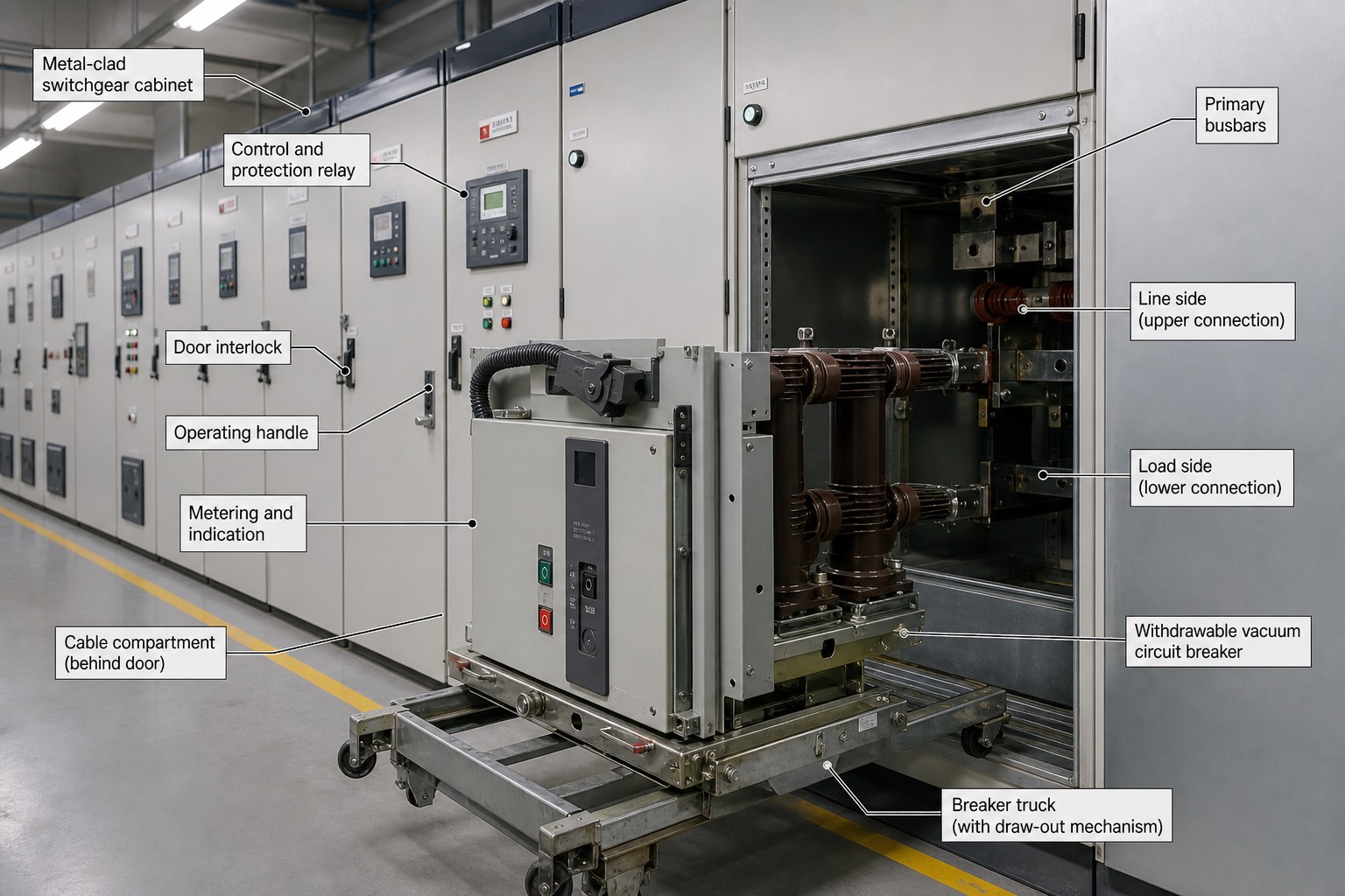 ห้อง MV switchgear แสดง withdrawable vacuum circuit breaker ถูกถอนออกมาบน truck เพื่อบำรุงรักษา