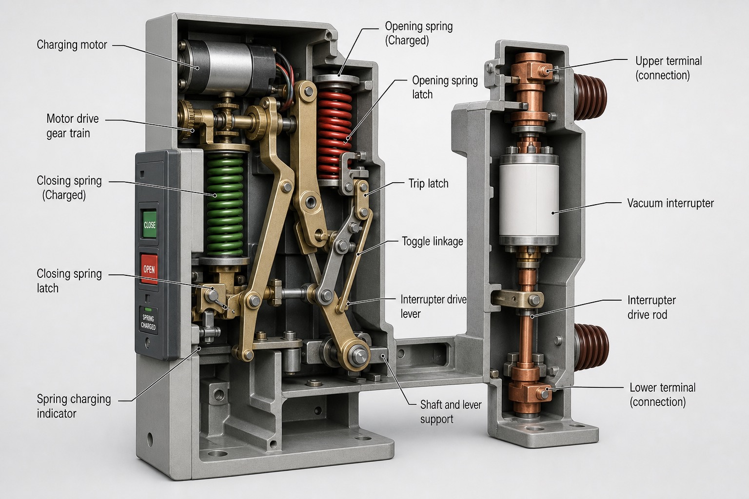 ภาพตัดกลไก spring mechanism แสดง closing/opening spring, มอเตอร์อัดสปริง และ linkage เชื่อมไปยัง vacuum interrupter