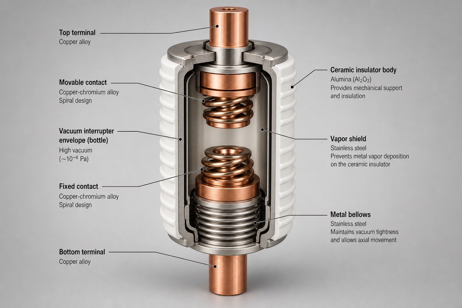 ภาพตัด vacuum interrupter แสดงตัวถังเซรามิก หน้าสัมผัส CuCr แบบ spiral, bellows และ vapor shield