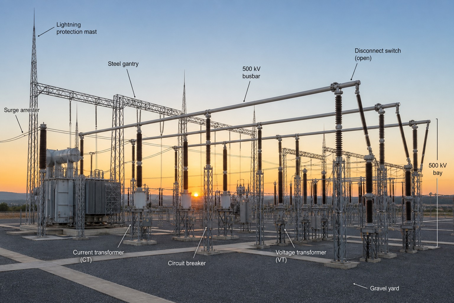 สถานี AIS 500 kV มุมกว้างยามเย็น แสดง gantry เหล็ก, บัส disconnector, CT/VT และ lightning mast