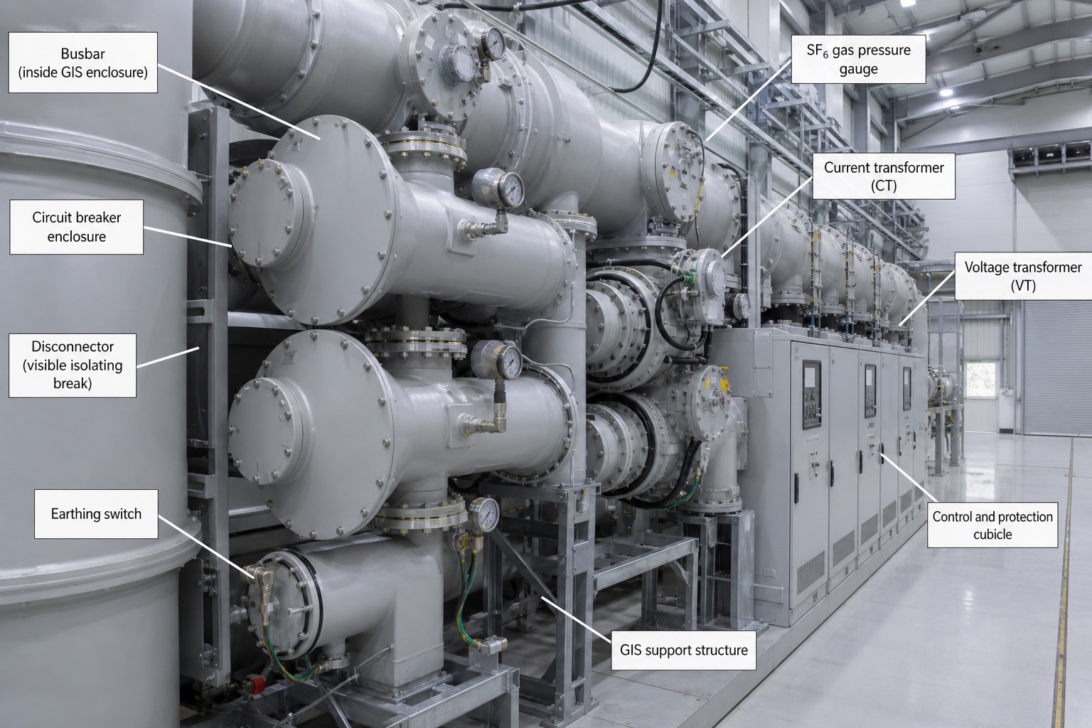 อาคาร GIS แสดงถังโลหะอัด SF6 เรียงเป็นแถว พร้อมเกจวัดความดันและตู้ control