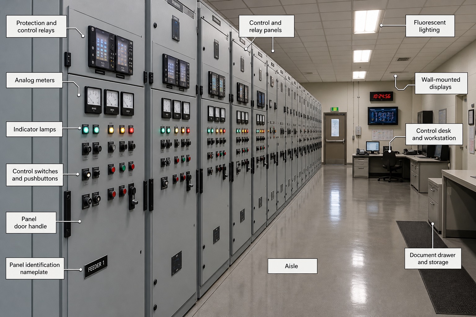 ห้องควบคุมและ relay ของสถานีไฟฟ้า แสดงแถวตู้ protection panel ยาวพร้อมโต๊ะทำงานด้านหลัง