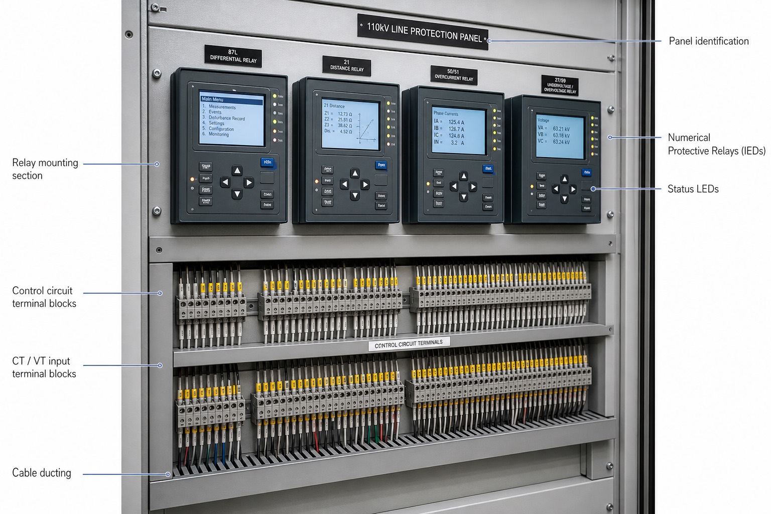 ตู้ relay panel ป้องกันสาย 110kV ยุค numerical แสดงรีเลย์ IED สี่ตัวพร้อมหน้าจอและขั้วต่อสาย
