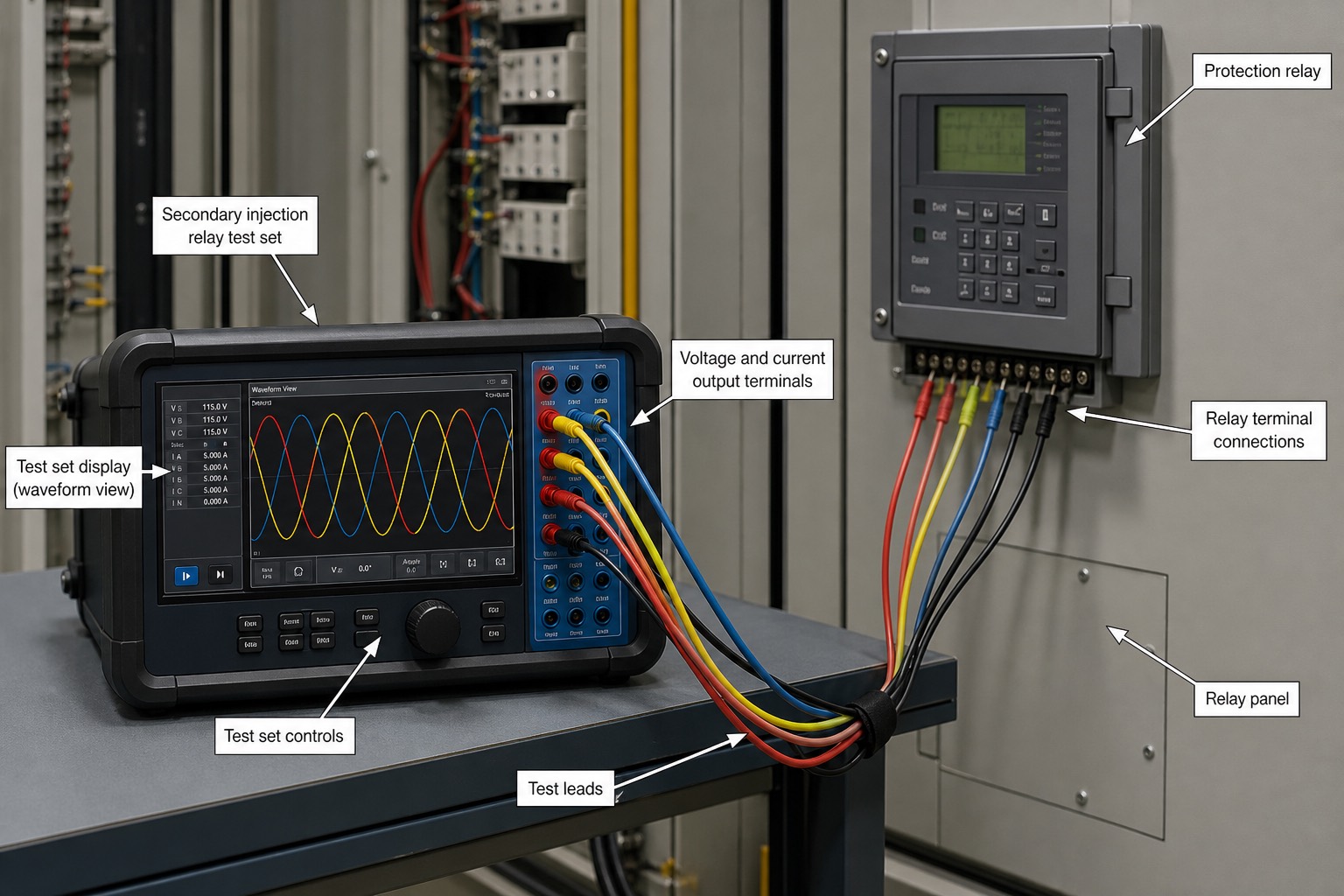 ชุดทดสอบ secondary injection เชื่อมต่อสายทดสอบสีต่างๆ เข้ากับ protection relay บนแผงในห้อง relay