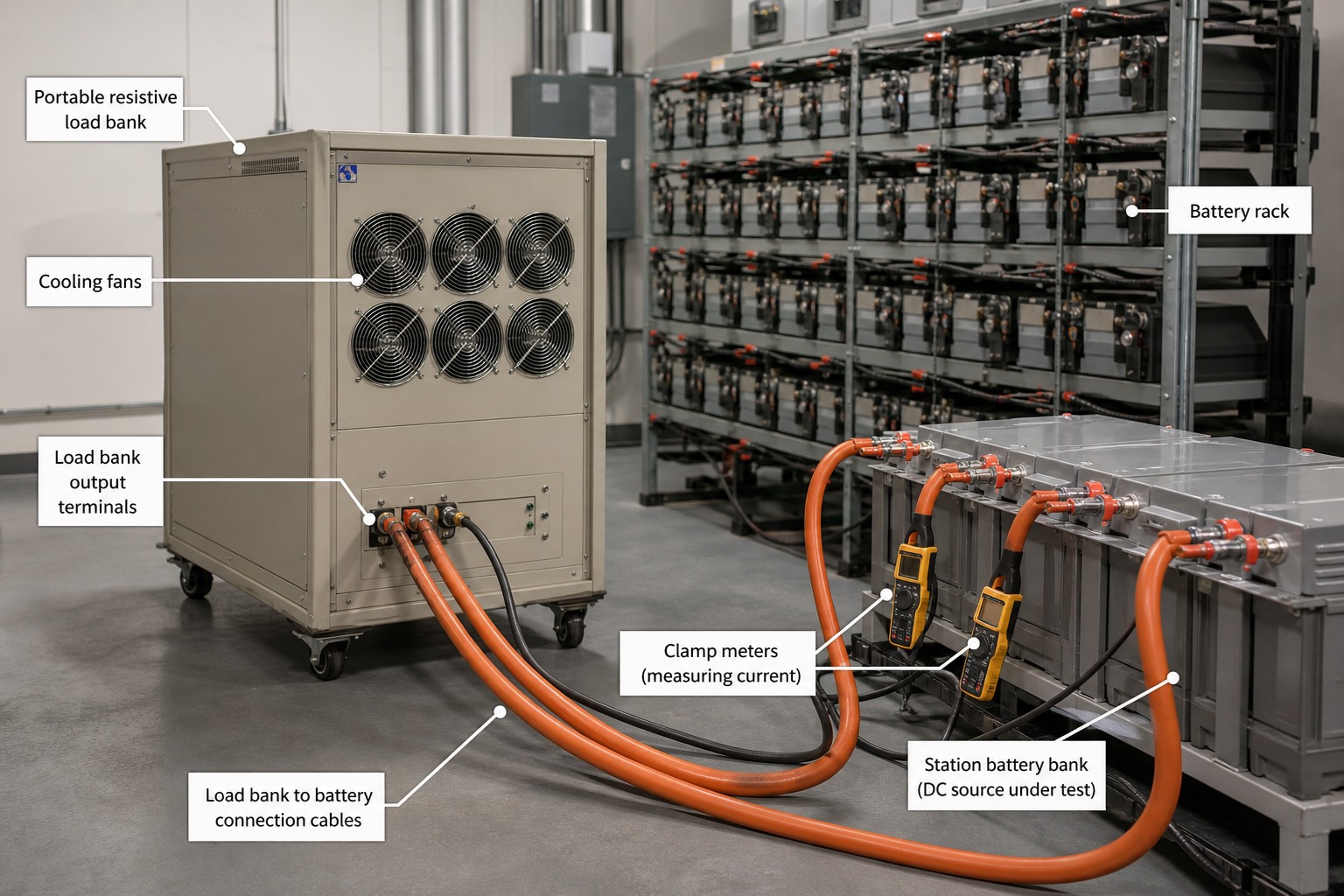 การทดสอบ capacity discharge test ของ battery bank ด้วย portable load bank ต่อสายไฟสีส้มเข้ากับแร็คแบตเตอรี่