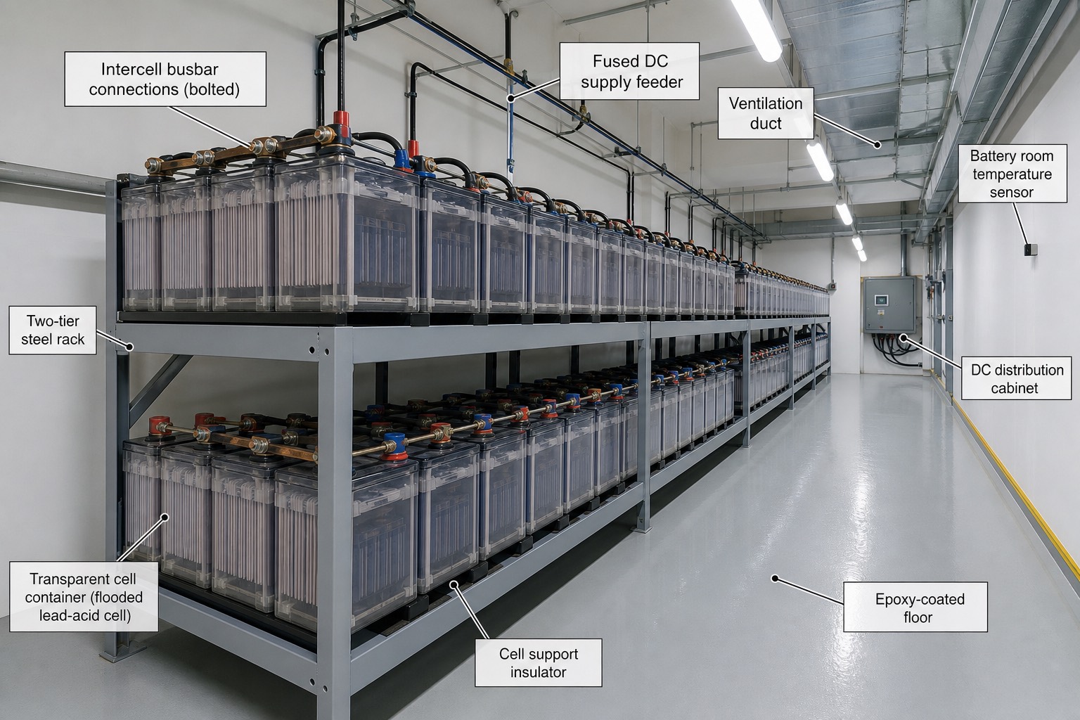 ห้อง battery ของโรงไฟฟ้า แสดงแถว flooded lead-acid cell บน rack เหล็กสองชั้นยาวตลอดห้อง พร้อมตู้จ่ายไฟ DC ด้านขวา