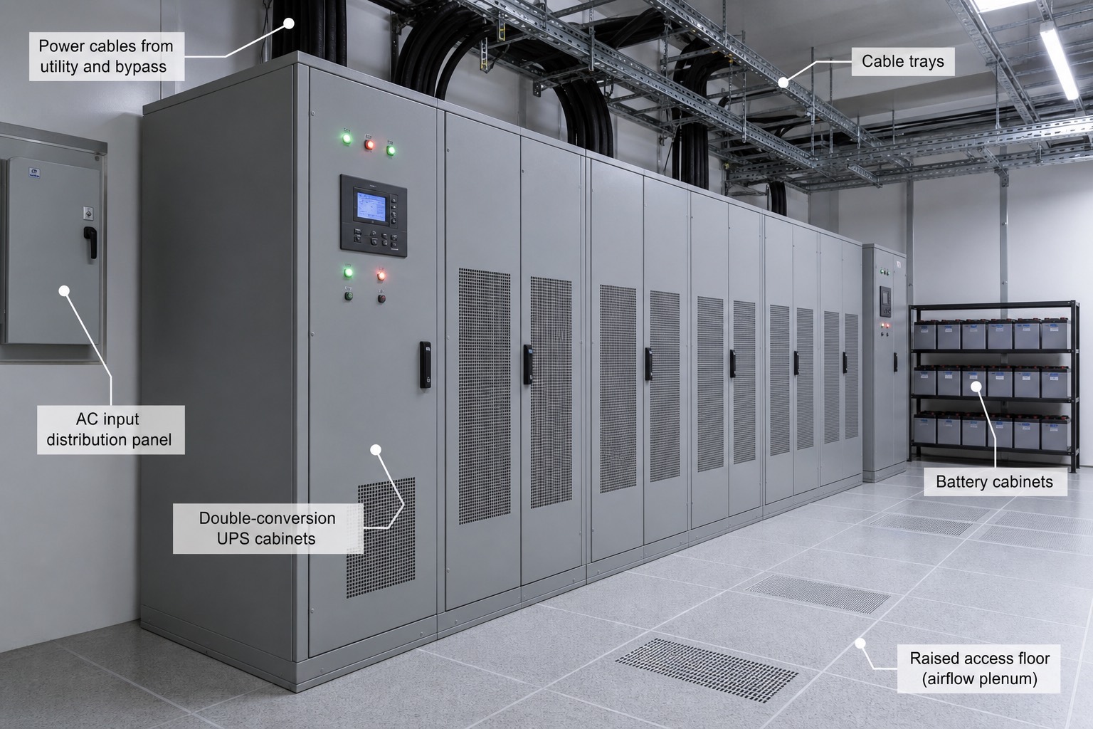 ห้อง UPS แสดงแถวตู้ double conversion UPS ต่อกันยาว พร้อมตู้แบตเตอรี่และพื้นยกสำหรับระบายอากาศ