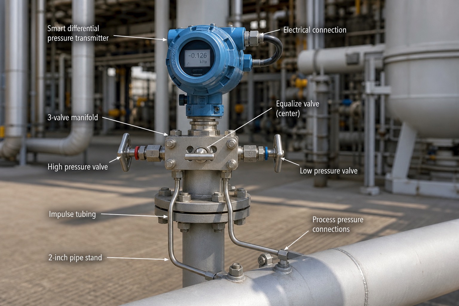 Smart differential pressure transmitter พร้อม 3-valve manifold และ impulse tubing ติดตั้งบนขาตั้งท่อ 2 นิ้วหน้างาน