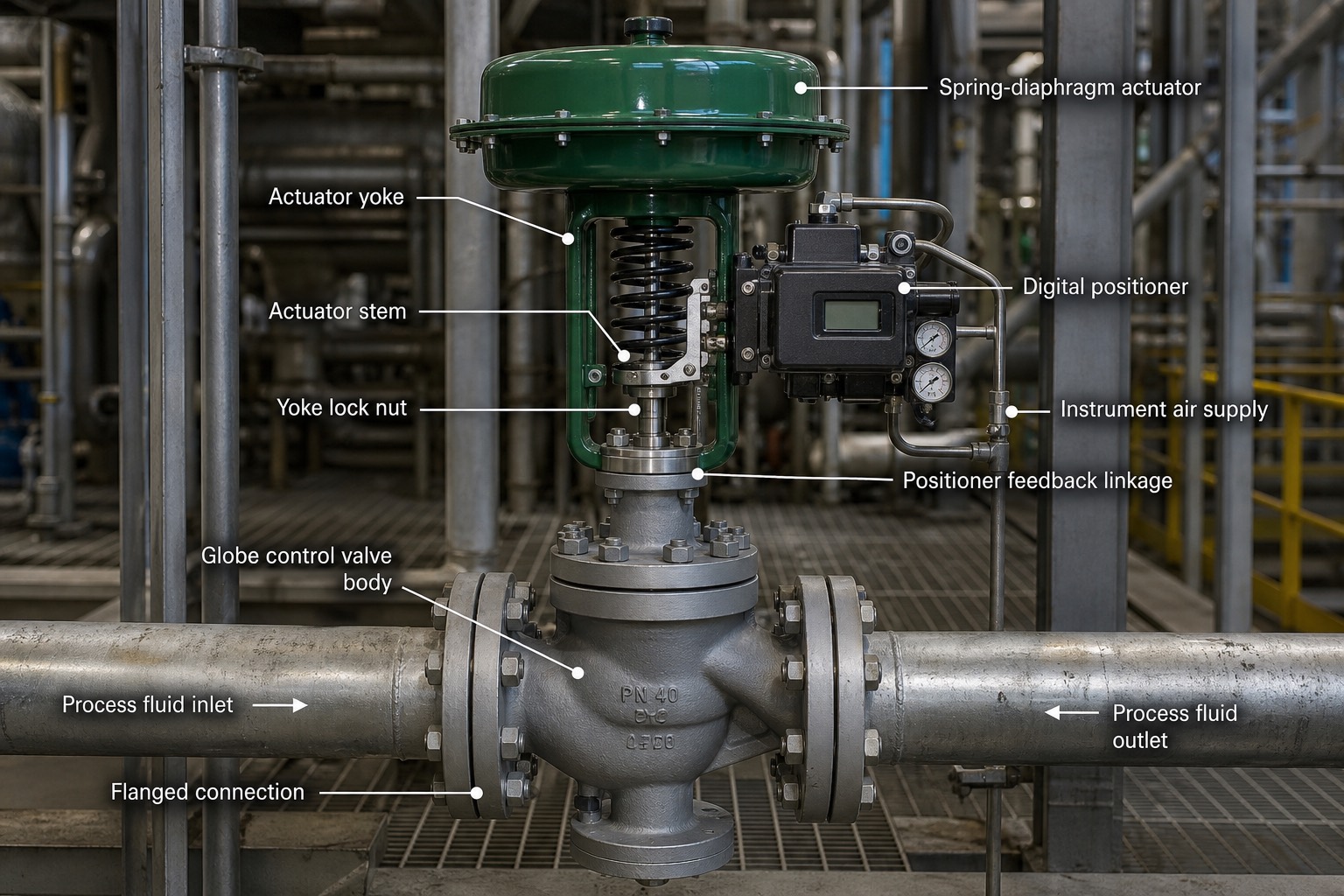 Globe control valve พร้อม actuator นิวเมติกสีเขียวและ positioner ดิจิทัลติดข้าง ติดตั้งในท่อกระบวนการแนวนอนพร้อมหน้าแปลน