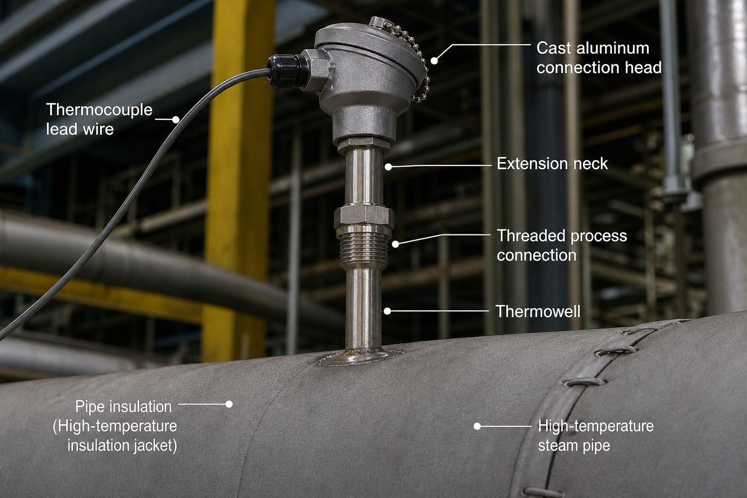 Thermocouple พร้อมหัวต่อโลหะอะลูมิเนียมหล่อติดตั้งบน thermowell ที่ขันเข้ากับท่อไอน้ำหุ้มฉนวน