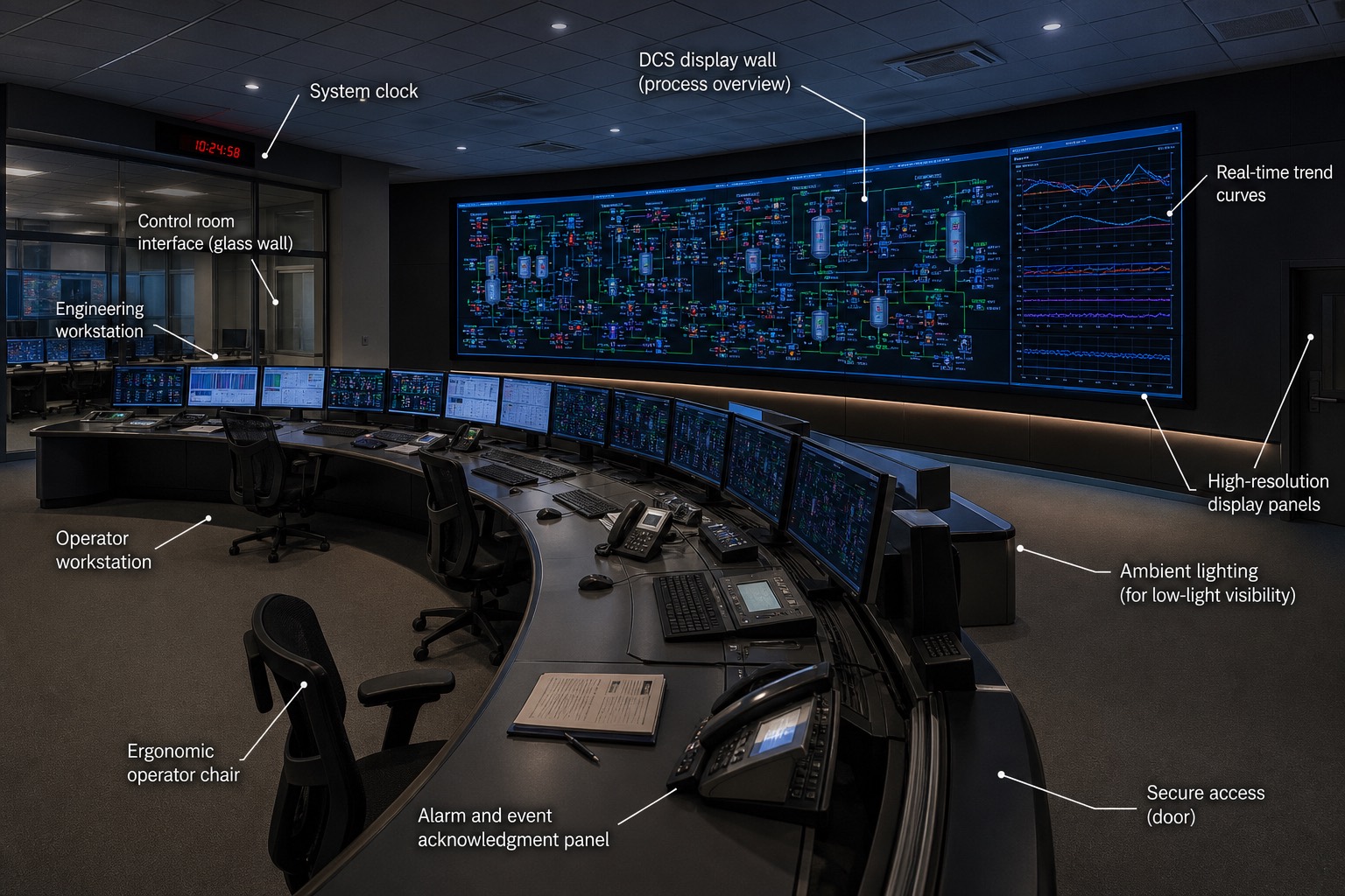 ห้องควบคุมกลางโค้งพร้อมจอ operator หลายตัวและ DCS display wall ขนาดใหญ่แสดง process overview