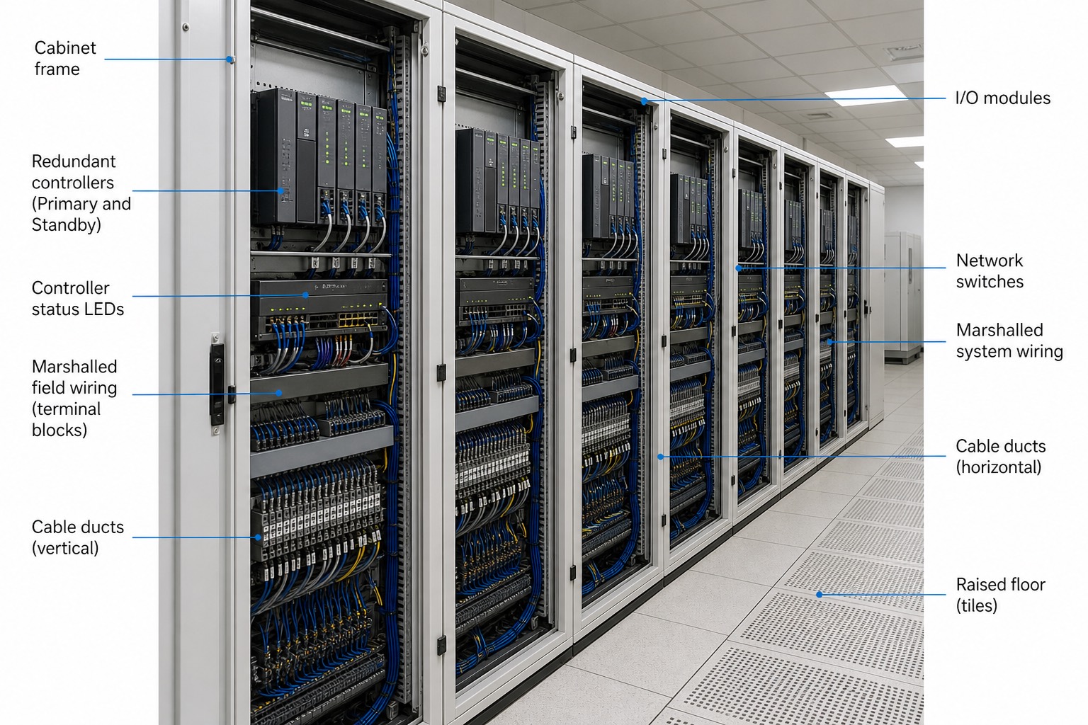แถวตู้ DCS เปิดฝาแสดง controller redundant, I/O module และสายไฟ marshalled เป็นระเบียบ