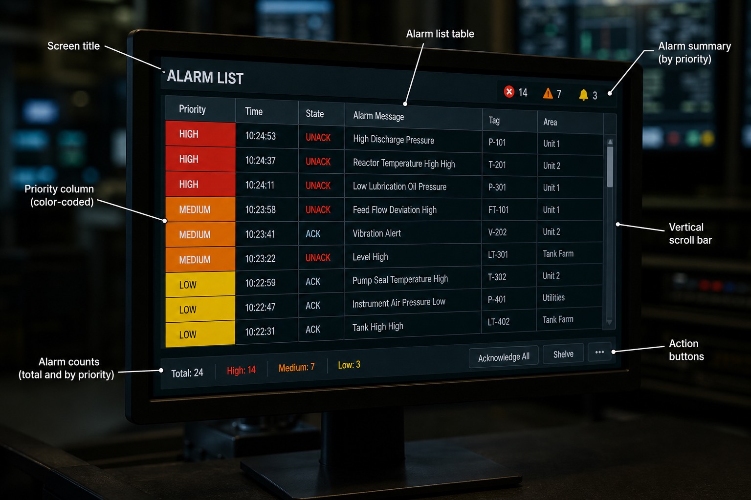 จอ operator แสดงหน้าจอ alarm list พร้อมแถบสีตามระดับ priority แดง ส้ม เหลือง