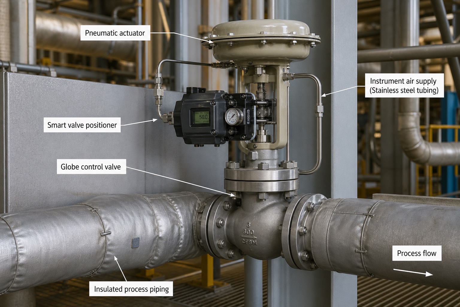 Globe control valve พร้อม smart positioner และ pneumatic actuator ติดตั้งบนท่อกระบวนการหุ้มฉนวน