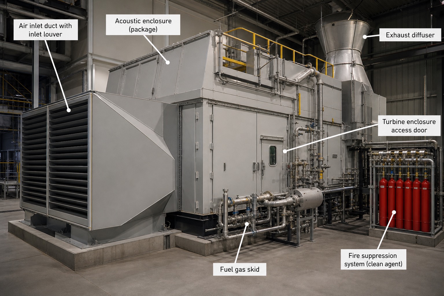 Gas turbine ในกล่องหุ้มเก็บเสียง แสดง air inlet duct, exhaust diffuser และระบบ fuel gas skid ด้านข้าง