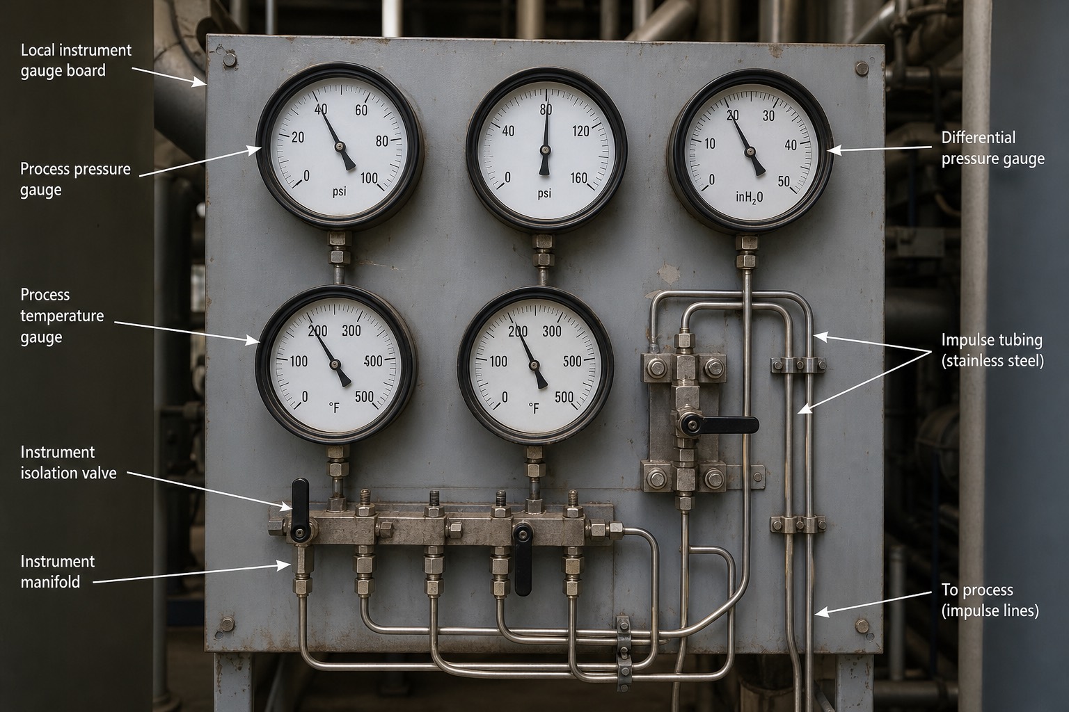 Local instrument gauge board แสดงเกจวัดความดันและอุณหภูมิหลายตัว พร้อม instrument manifold และ impulse tubing