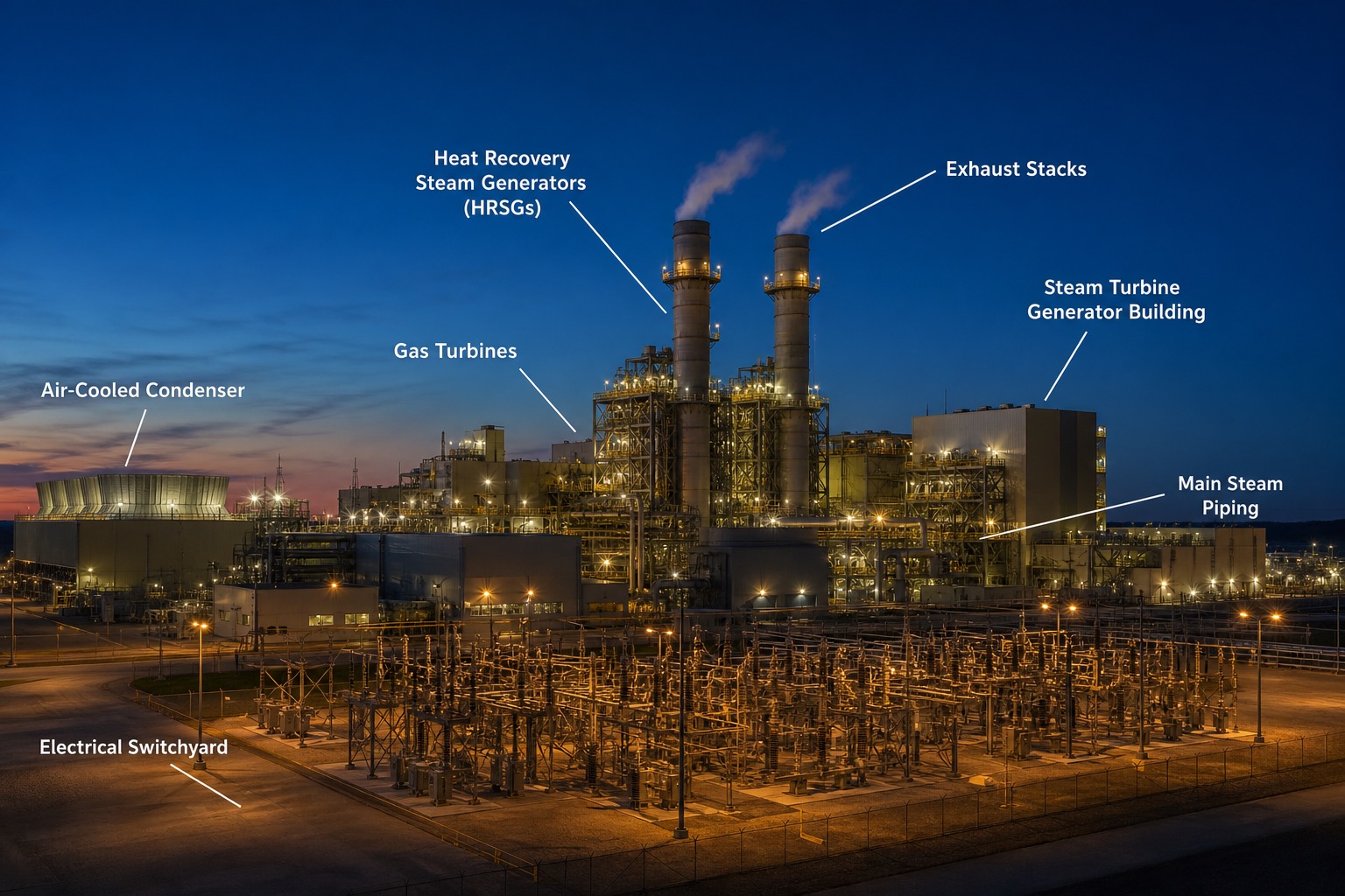 โรงไฟฟ้า combined cycle ขนาดใหญ่ยามพลบค่ำ แสดง HRSG stacks, gas turbine, อาคาร steam turbine และสถานีไฟฟ้าย่อยด้านหน้า