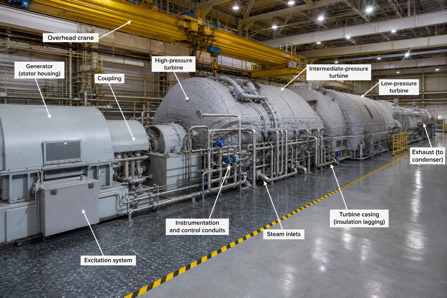 Turbine deck ของโรงไฟฟ้าไอน้ำขนาดใหญ่ แสดง HP/IP/LP turbine casing หุ้มฉนวนต่อกับเครื่องกำเนิดไฟฟ้า