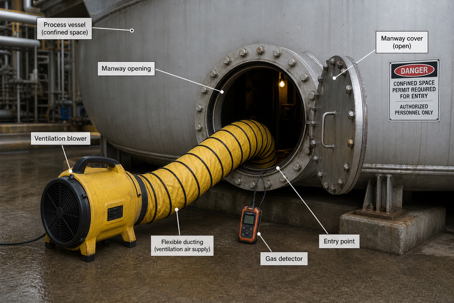 ปาก manway เปิดบนถังเหล็กขนาดใหญ่ พร้อม blower ระบายอากาศแบบพกพาต่อท่อสีเหลืองและเครื่องวัดก๊าซวางอยู่ข้างทางเข้า