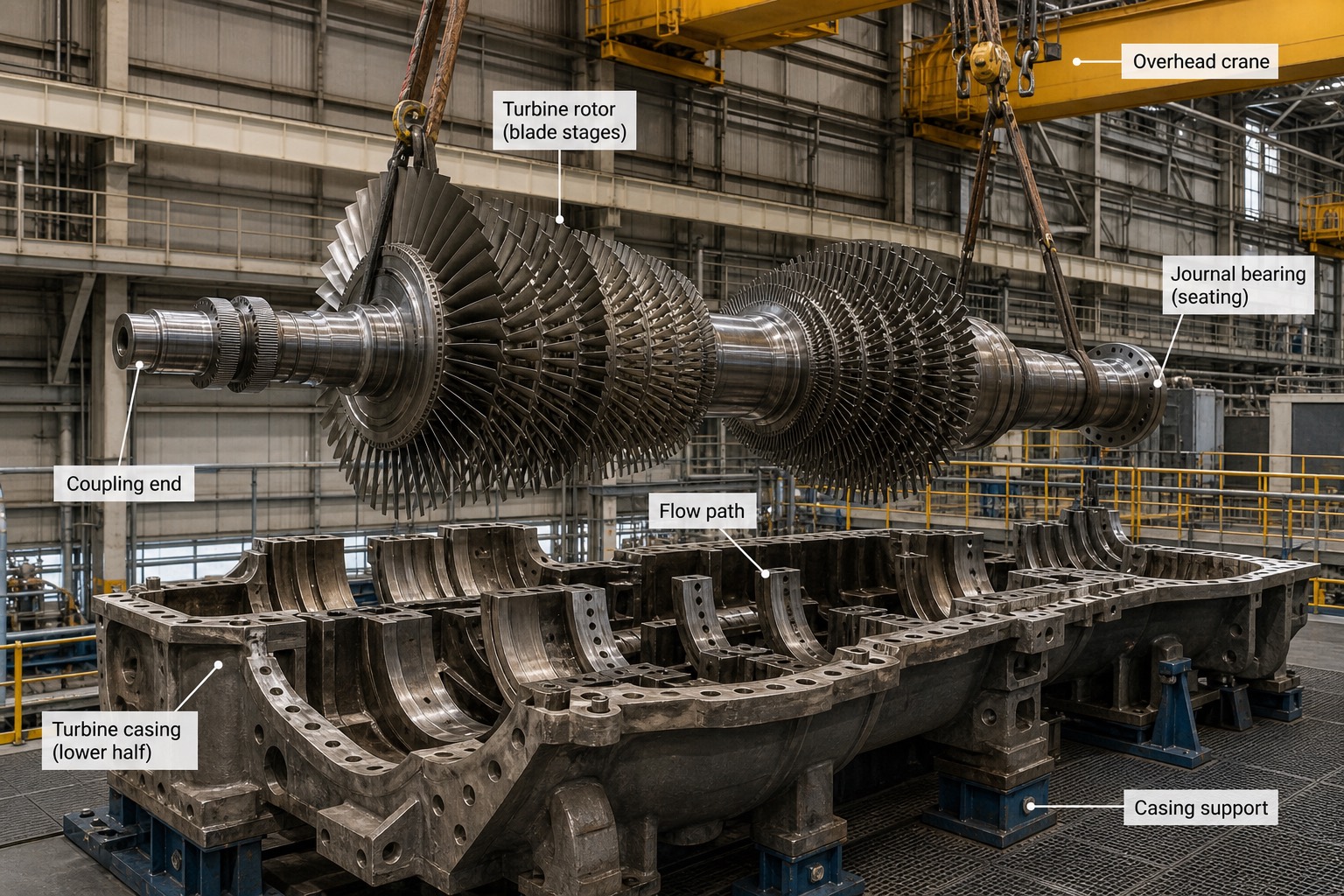 เครนยก rotor ของกังหันก๊าซที่มีใบพัดหลายแถวออกจาก turbine casing ครึ่งล่างในโรงงานระหว่างการทำ major overhaul