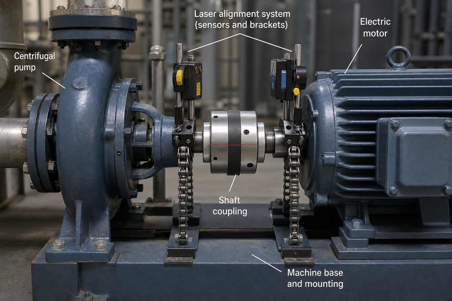 ชุดเครื่องมือ laser alignment ติดตั้งคร่อม shaft coupling ระหว่างมอเตอร์ไฟฟ้ากับปั๊มหอยโข่ง