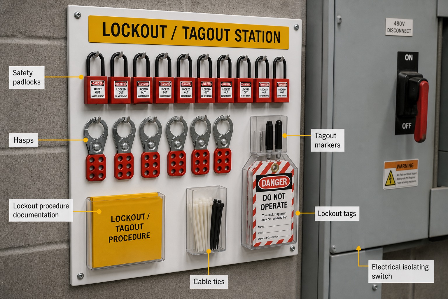 สถานี lockout tagout ติดผนัง มีกุญแจนิรภัยสีแดงหลายตัว hasp ล็อกร่วม และป้ายเตือนติดตั้งใกล้ตู้สวิตช์เกียร์