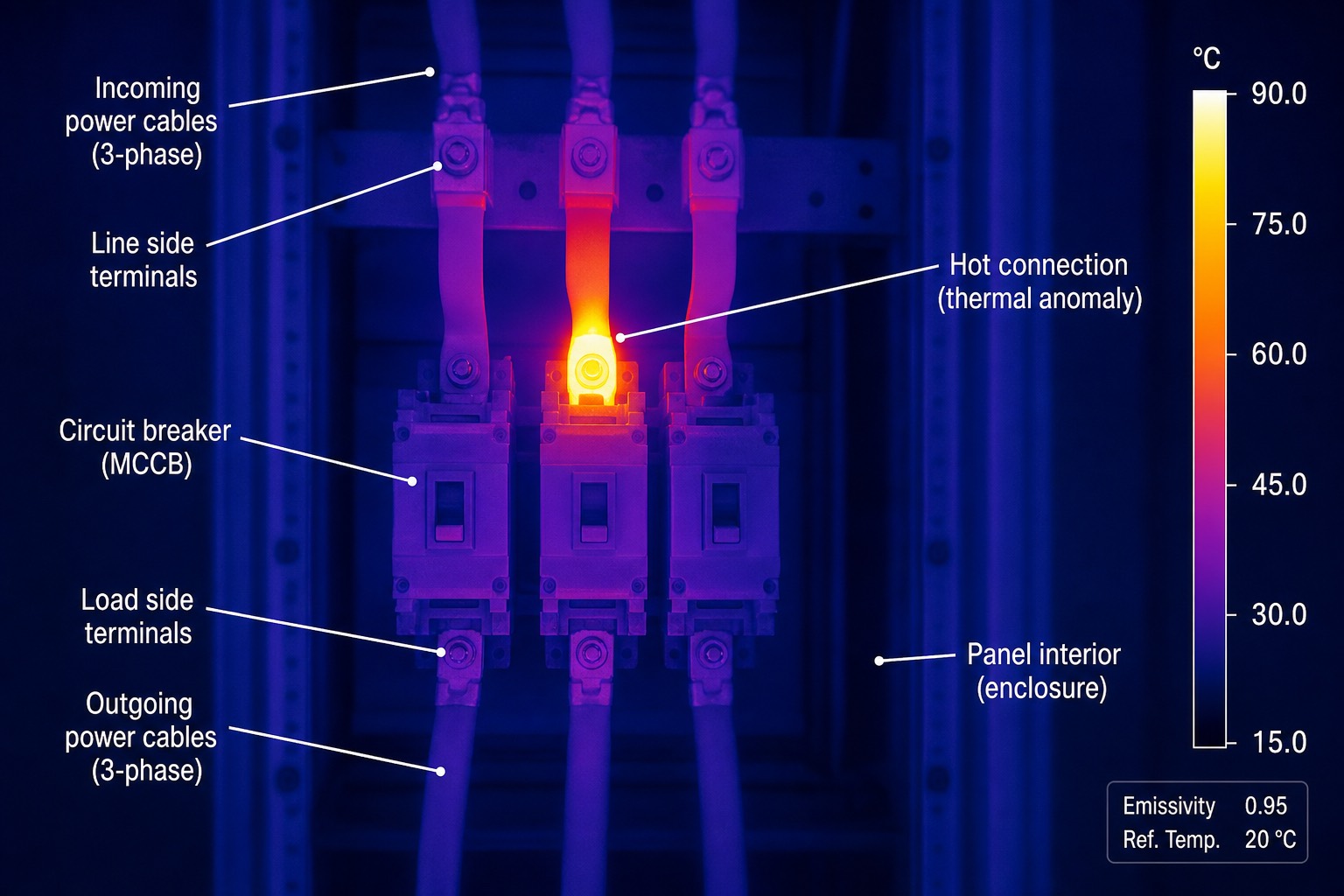 ภาพ thermography ของตู้ switchgear แสดงจุดต่อไฟฟ้าจุดหนึ่งร้อนผิดปกติเป็นสีเหลืองส้มเทียบกับจุดอื่นที่เป็นสีน้ำเงินเย็นกว่า