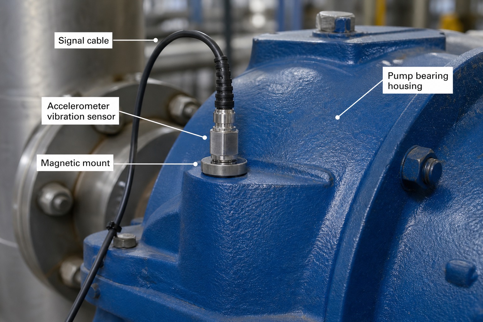 Accelerometer วัด vibration ติดตั้งด้วยแม่เหล็กบน bearing housing ของปั๊ม พร้อม signal cable