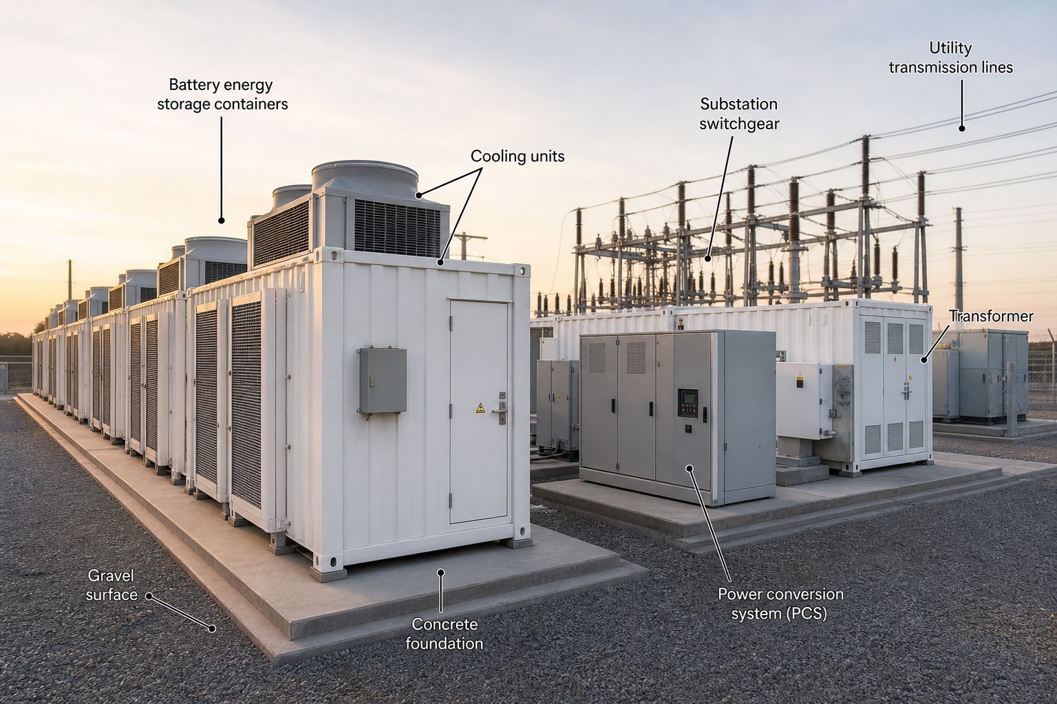 ภาพถ่ายตู้ battery energy storage containers เรียงแถวที่สถานีไฟฟ้า พร้อม cooling units, substation switchgear และหม้อแปลง