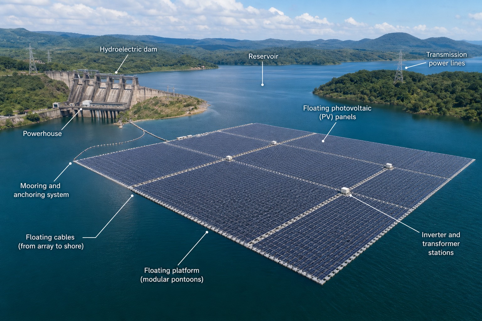 ภาพถ่ายทางอากาศของ floating solar farm บนอ่างเก็บน้ำเขื่อนพลังน้ำ พร้อมป้ายกำกับ powerhouse, floating platform, inverter station และสายส่งไฟฟ้า