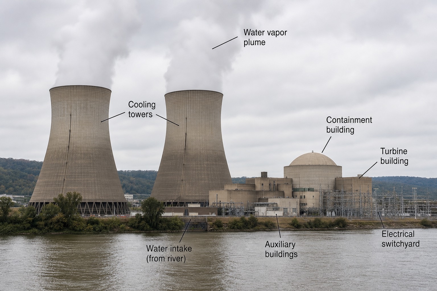 ภาพถ่ายโรงไฟฟ้านิวเคลียร์แสดง cooling towers ทรงโค้งคู่ปล่อยไอน้ำ และอาคาร containment ทรงโดม พร้อมป้ายกำกับส่วนประกอบ