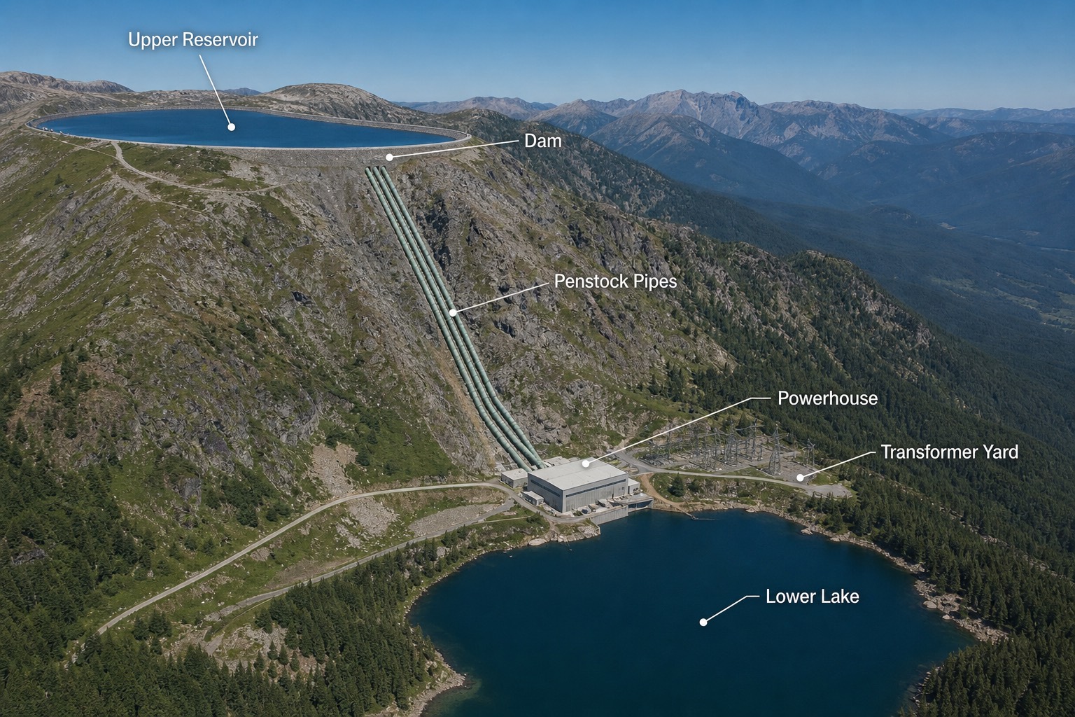 ภาพถ่ายทางอากาศของ pumped storage hydroelectric plant แสดงอ่างบนบนยอดเขา ท่อ penstock ลงมาที่ powerhouse และอ่างล่าง