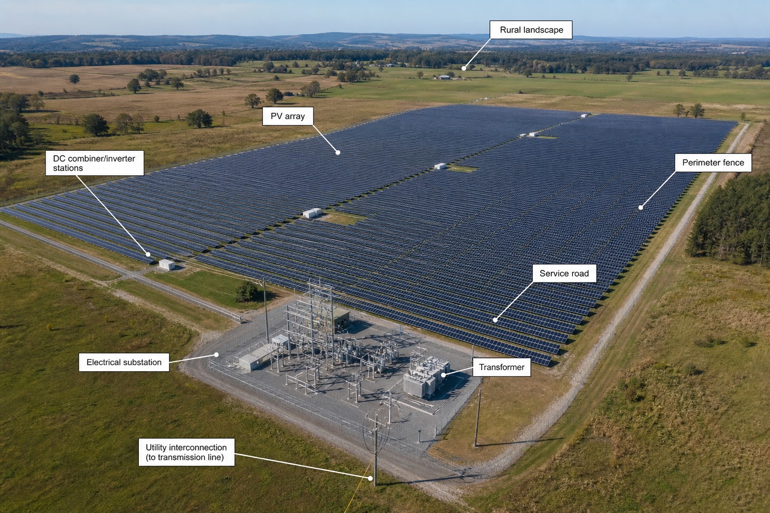 ภาพถ่ายทางอากาศของ solar farm ภาคพื้นดินขนาดใหญ่เชื่อมต่อกับสถานีไฟฟ้าย่อย พร้อมป้ายกำกับ PV array, DC combiner/inverter stations และ utility interconnection