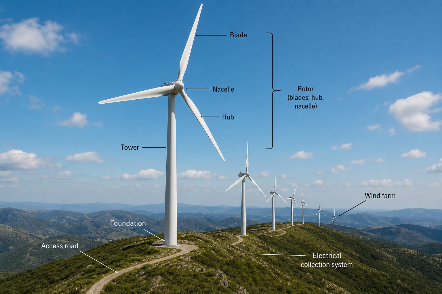 ภาพถ่าย wind farm บนสันเขา พร้อมป้ายกำกับส่วนประกอบของ turbine ได้แก่ blade, nacelle, hub, tower และ foundation