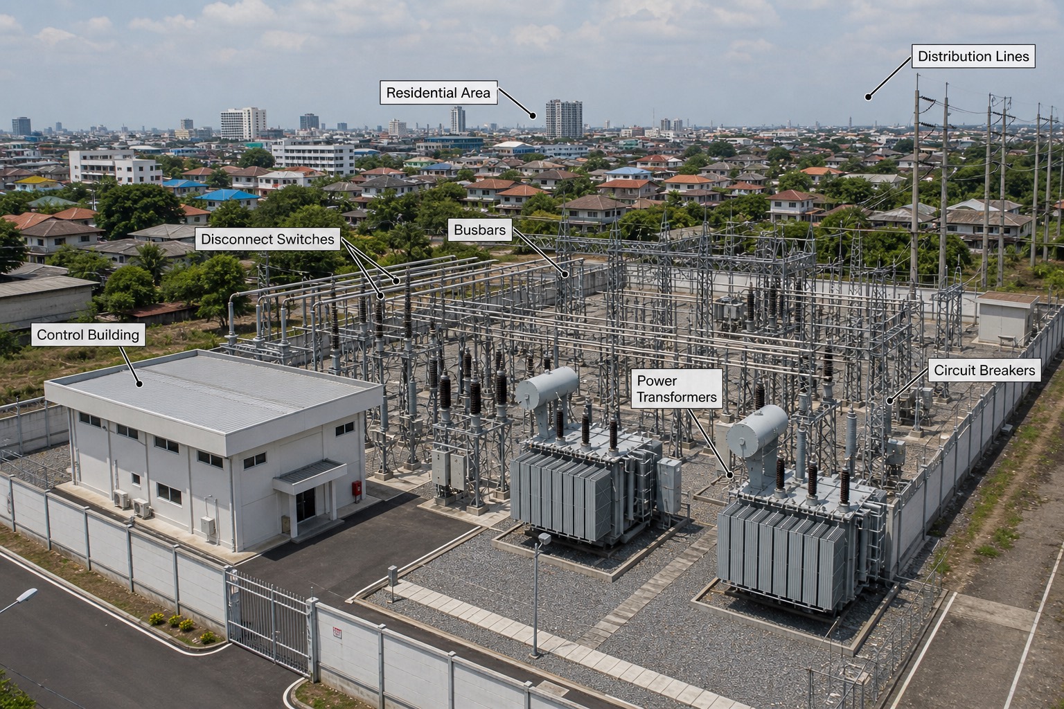 สถานีไฟฟ้าชานเมืองมีหม้อแปลงกำลังและบัสบาร์ ด้านหลังเป็นย่านที่อยู่อาศัย