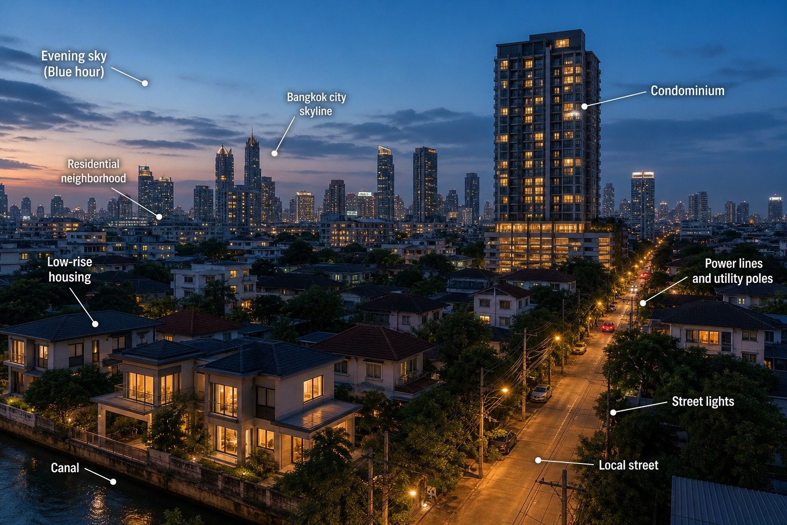 ย่านที่พักอาศัยในกรุงเทพฯ ยามหัวค่ำ ไฟเปิดตามบ้านและตึกจำนวนมากพร้อมกัน