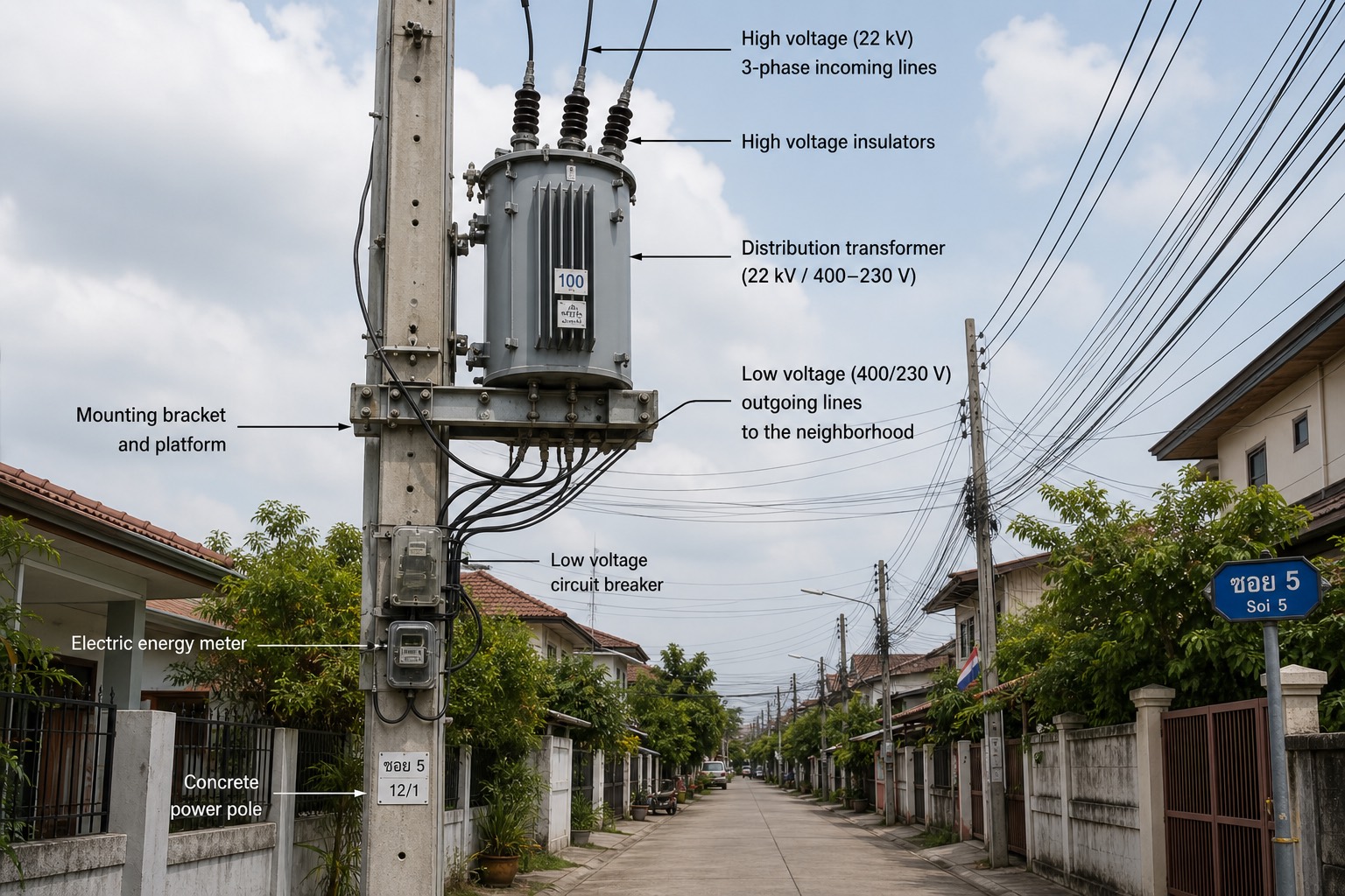 หม้อแปลงหน้าบ้านบนเสาไฟฟ้าคอนกรีตในซอยที่พักอาศัยไทย สายแรงต่ำกระจายออกไปหลายบ้าน